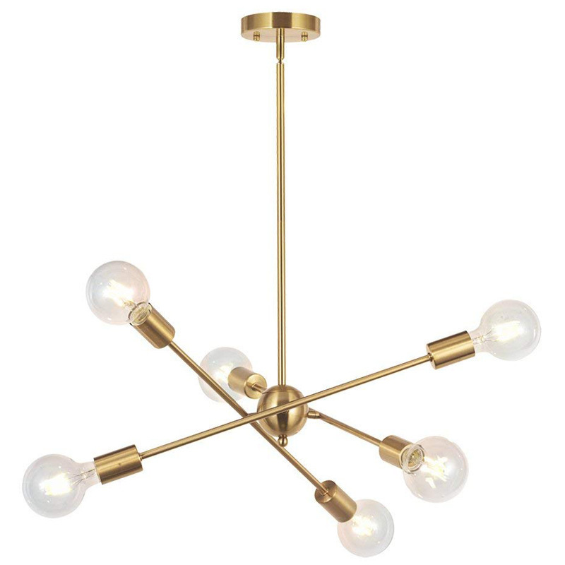 Mid Century Sputnik Chandelier Lighting 6 Lights Brushed Brass Chandelier Adjustable  Gold Ceiling Light Fixture