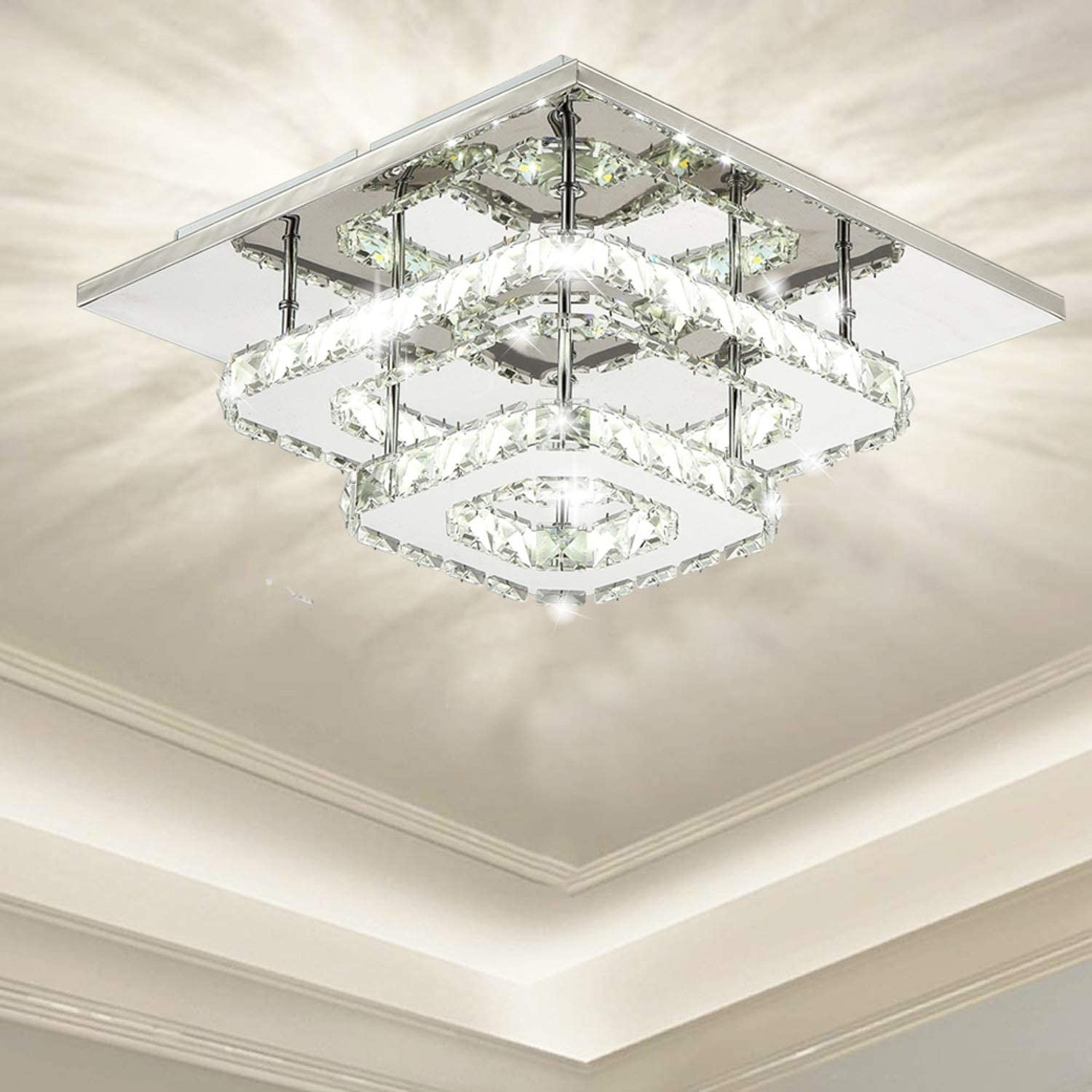 Modern Crystal Ceiling Light Flush Mount Chandeliers K9 Crystal 8K Stainless Steel LED Mini 2-Square Ceiling Light