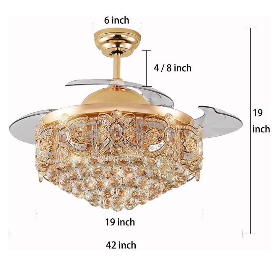 Retractable Crystal Reversible Ceiling Fans with LED Light Remote Control 4 Invisible Clear Blades Bedroom Fan Chandelier Indoor