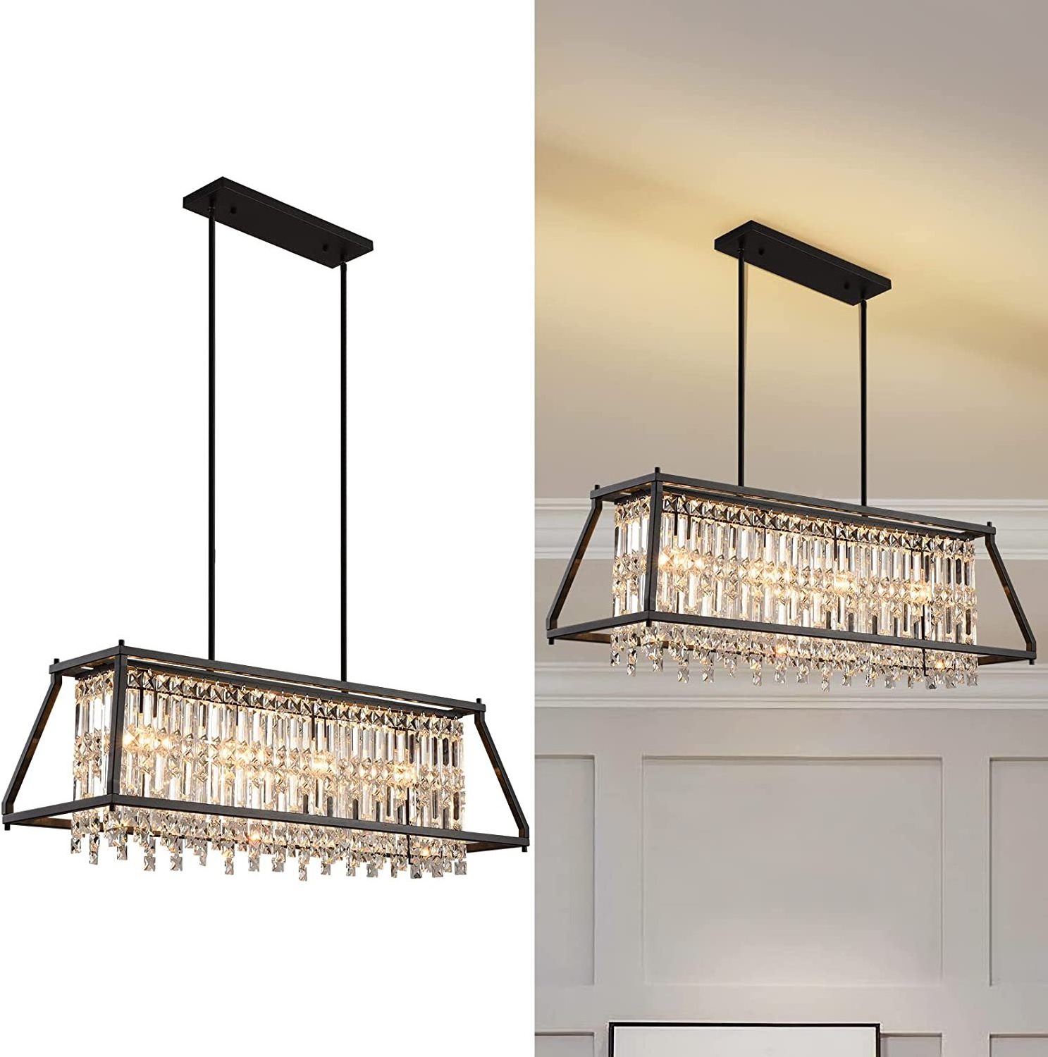 4Lights Black Dinning Room Bedroom Hallway Living Room Crystal Chandelier Light Fixture Ceiling Hanging Adjustable Pendant Light