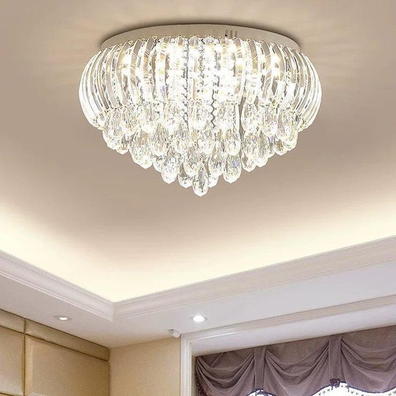 Modern Chrome Crystal E14 round Flush Mount Ceiling Lights Crystal Beaded Light Shade Lights