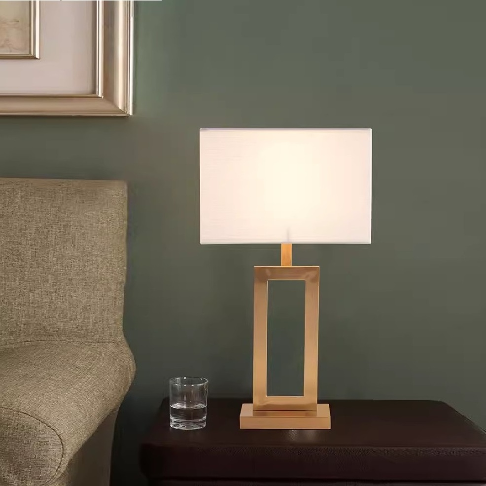 Mid Century Modern Gold hollow lamp base and white cover Rectangular Table Lamp With LED Light Bulb