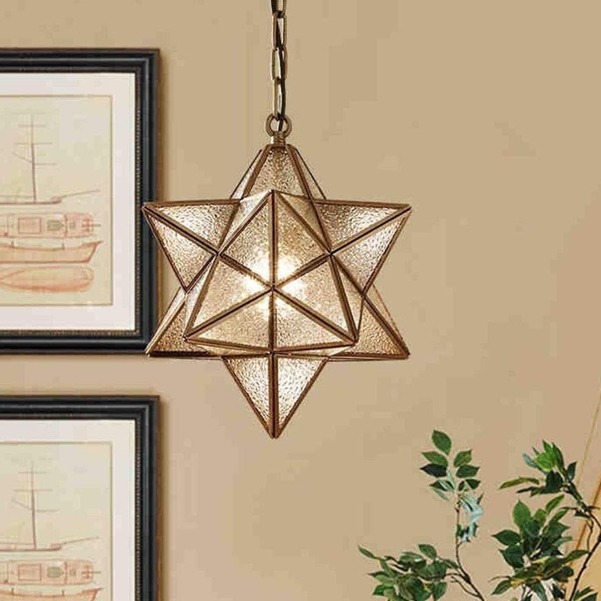 Brassy Vintage Chandelier Lamp Rustic Industrial moravian star pendant light with textured Ripple Glass Cover