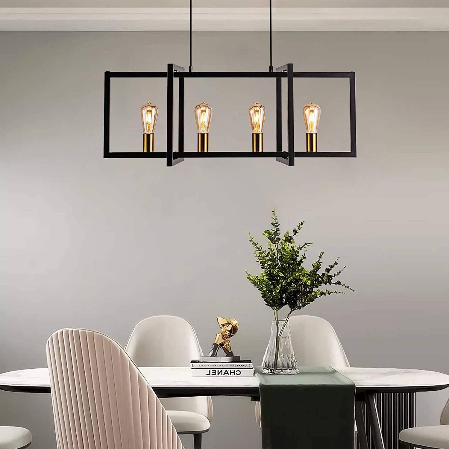 Kitchen Island Lights Moden 4-Lights Industrial Vintage Matte Black Chandelier Adjustable Hanging Pendant Ceiling Light Fixture