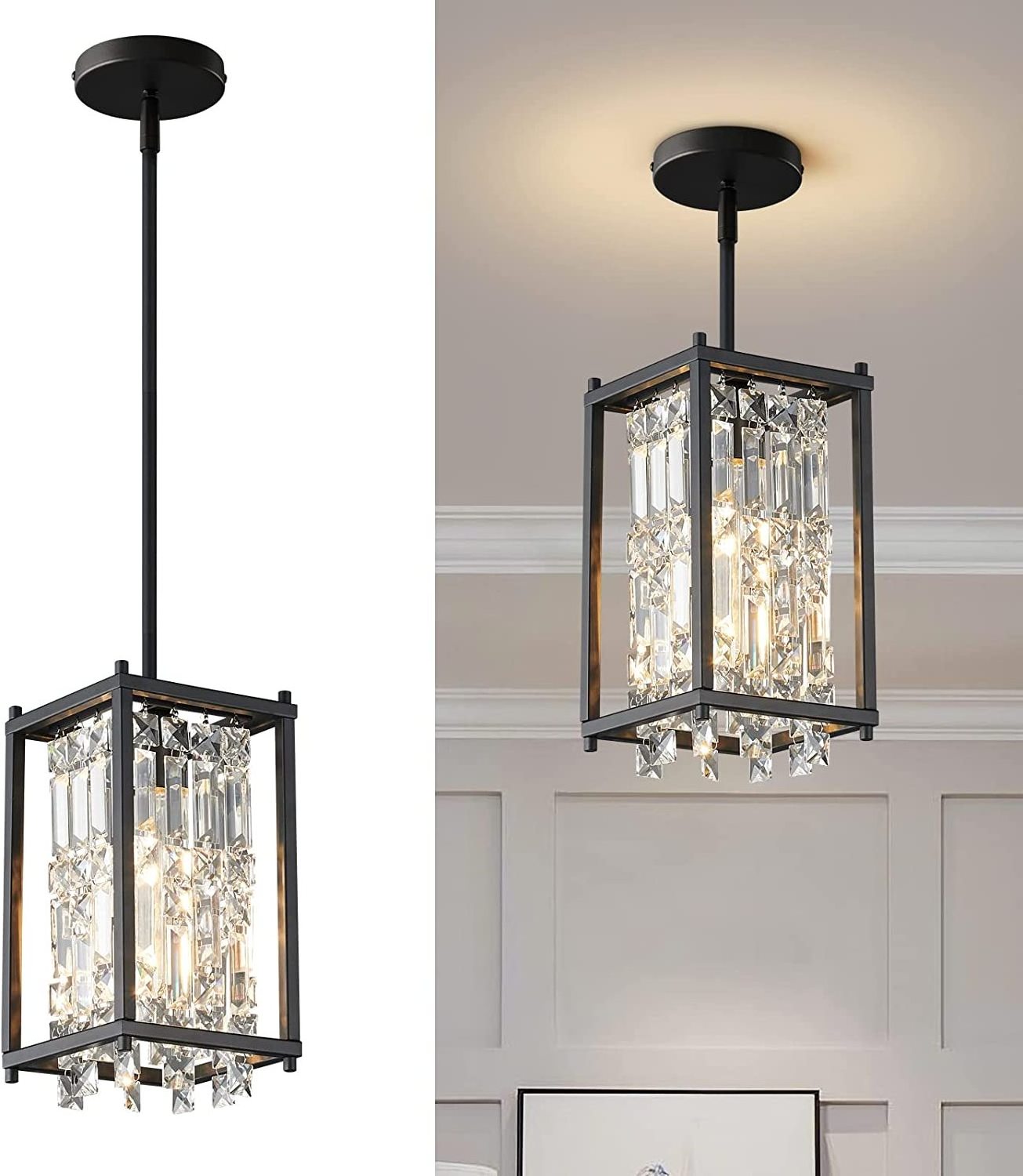 1-Light Hanging Pendant Ceiling Lamp Caged Metal Drum Shade Black Finish Crystal Chandelier Pendant Light Fixture