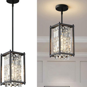 1-Light Hanging Pendant Ceiling Lamp Caged Metal Drum Shade Black Finish Crystal Chandelier Pendant Light Fixture