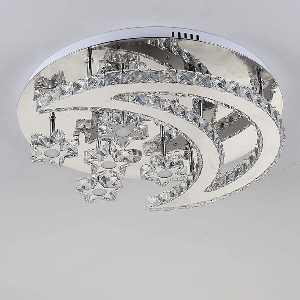 Modern Art Deco LED Ceiling Light Crystal Moon and Star Design Flushmount Ceiling Fixture in Stainless Steel Finish