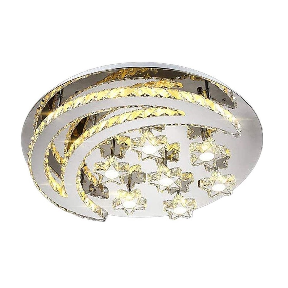 Modern Art Deco LED Ceiling Light Crystal Moon and Star Design Flushmount Ceiling Fixture in Stainless Steel Finish