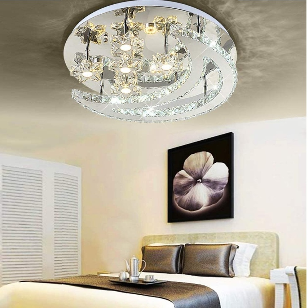 Modern Art Deco LED Ceiling Light Crystal Moon and Star Design Flushmount Ceiling Fixture in Stainless Steel Finish