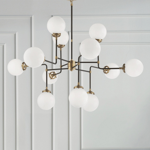 Shinetime 12 Light 47 inch Hand-Rubbed Antique Brass Chandelier Ceiling Light in White Glass