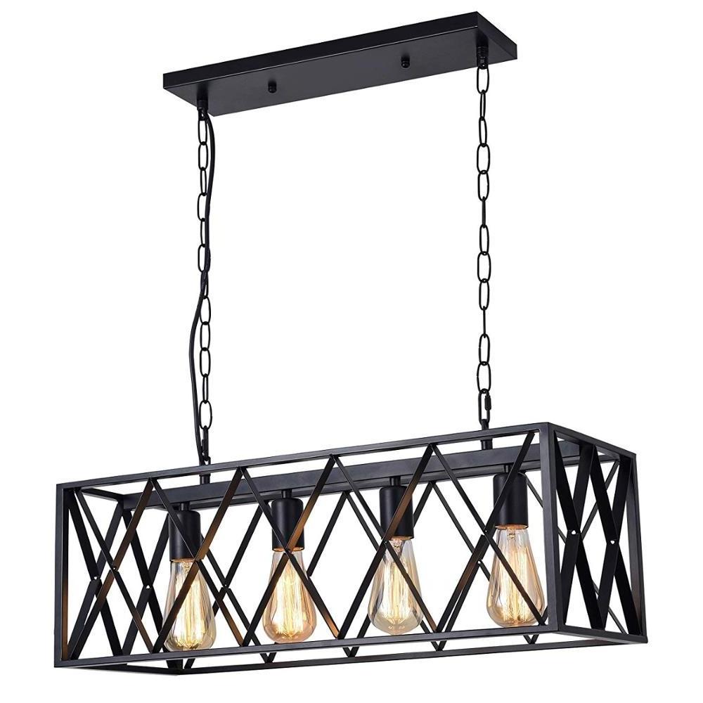 Industrial Kitchen Island Lighting with 4 E26 Sockets Rectangular Vintage Pendant Light Farmhouse Hanging Ceiling Light Fixture