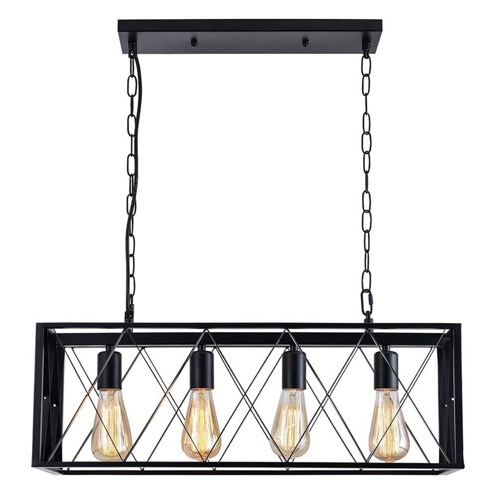 Industrial Kitchen Island Lighting with 4 E26 Sockets Rectangular Vintage Pendant Light Farmhouse Hanging Ceiling Light Fixture