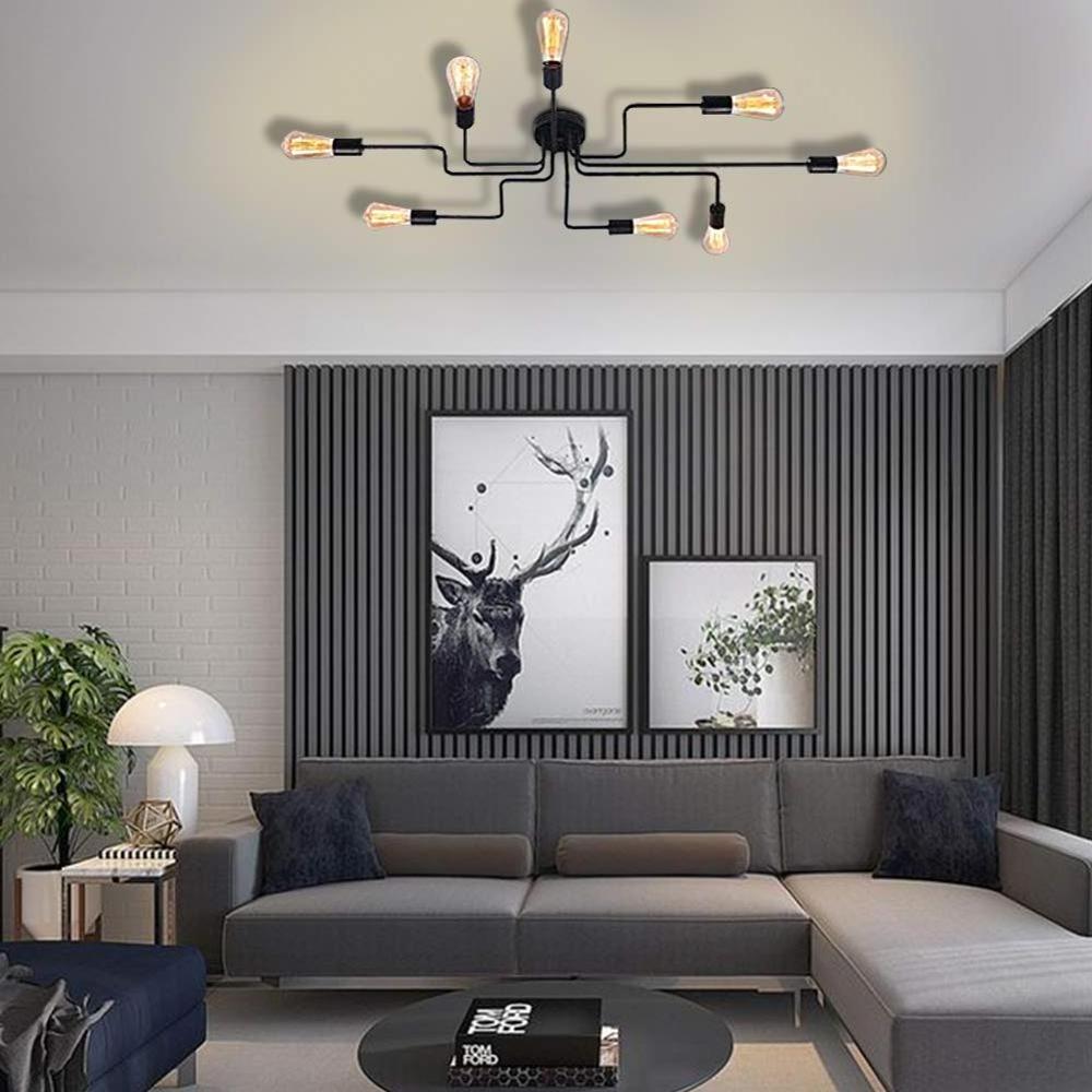 Black 8 Lights Sputnik Chandelier Semi Flush Mount Ceiling Light,Modern Industrial Style Lighting Fixture for  Dining Room