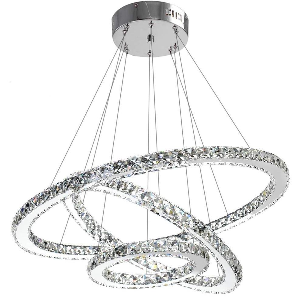 Crystal Modern LED Ceiling Fixtures Dining Room Pendant Lights Contemporary 3 Rings Adjustable Stainless Steel Chandelier