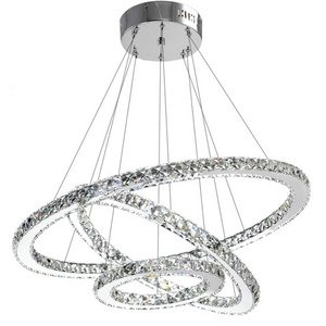 Crystal Modern LED Ceiling Fixtures Dining Room Pendant Lights Contemporary 3 Rings Adjustable Stainless Steel Chandelier