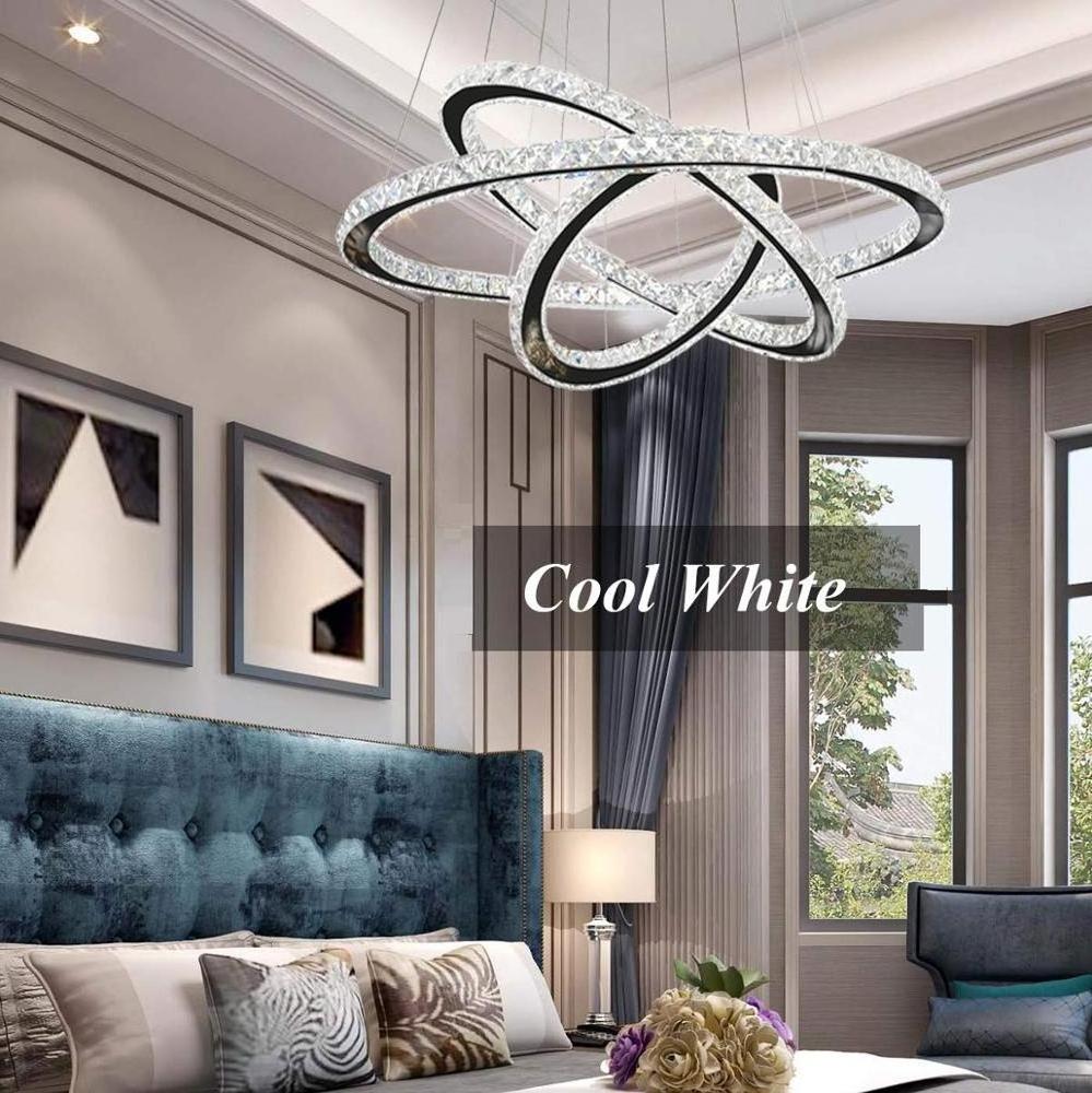 Crystal Modern LED Ceiling Fixtures Dining Room Pendant Lights Contemporary 3 Rings Adjustable Stainless Steel Chandelier