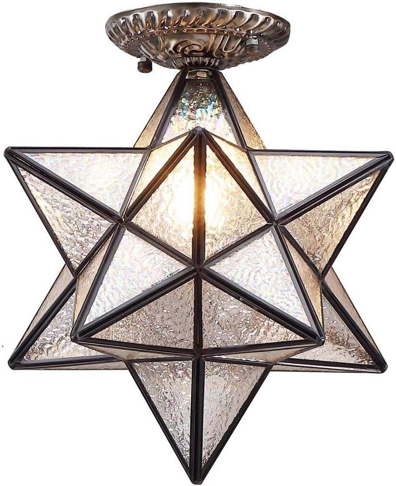 Shinetime Moravian Star Tiffany Style Stained Glass Semi Flush Mount Ceiling Fixture