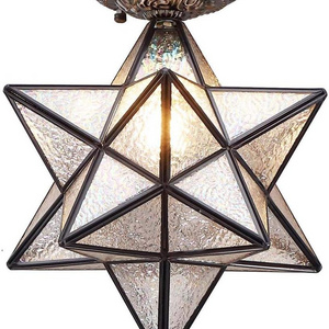 Shinetime Moravian Star Tiffany Style Stained Glass Semi Flush Mount Ceiling Fixture