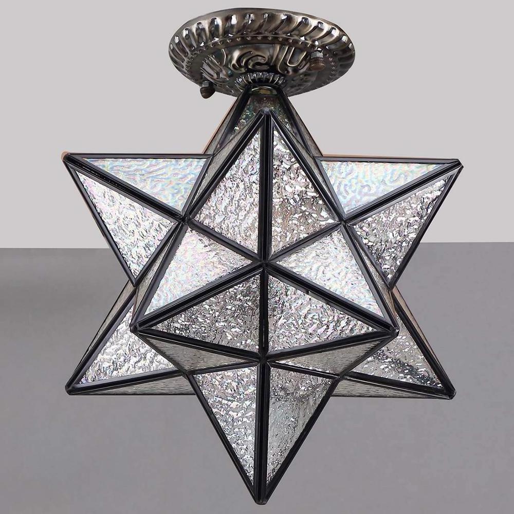 Shinetime Moravian Star Tiffany Style Stained Glass Semi Flush Mount Ceiling Fixture