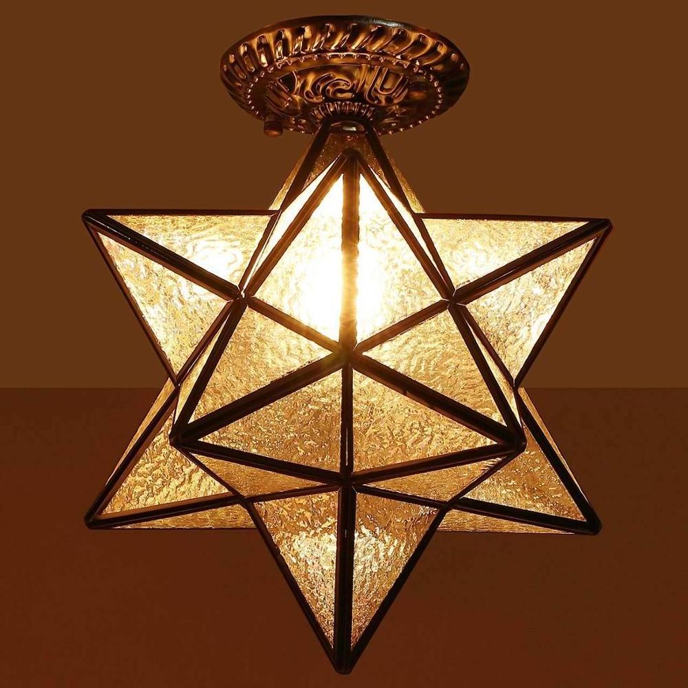 Shinetime Moravian Star Tiffany Style Stained Glass Semi Flush Mount Ceiling Fixture