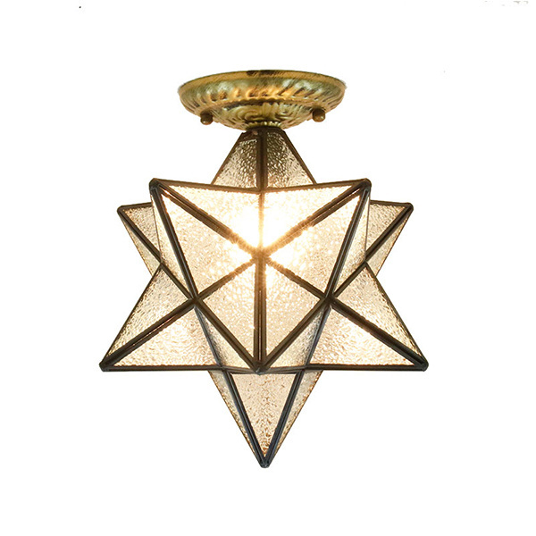 Shinetime Moravian Star Tiffany Style Stained Glass Semi Flush Mount Ceiling Fixture