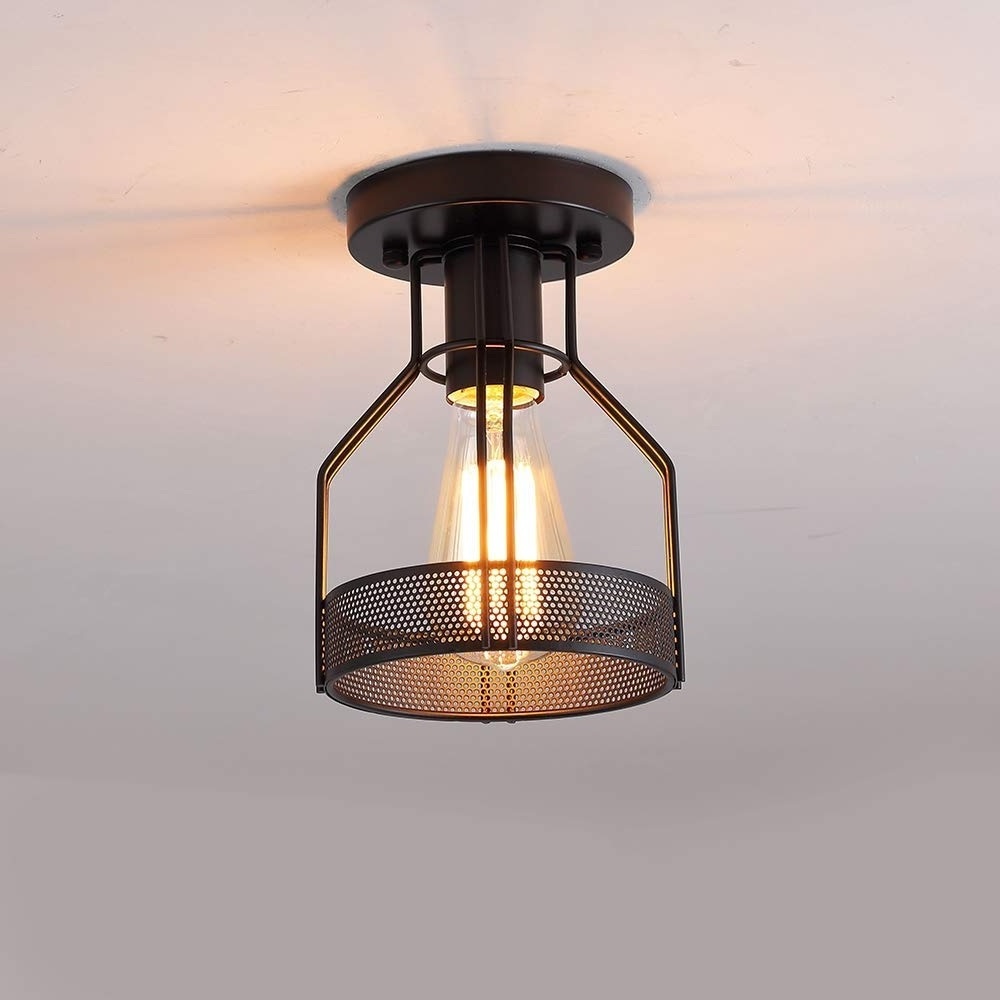 Metal Cage Black Painting Finish Industrial Vintage Rustic Flush Mount Ceiling Light for Hallway Stairway Kitchen Garage