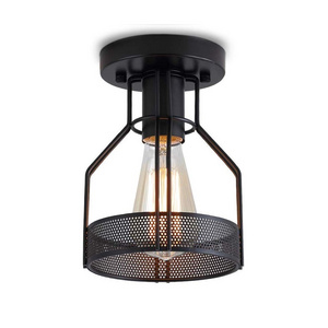 Metal Cage Black Painting Finish Industrial Vintage Rustic Flush Mount Ceiling Light for Hallway Stairway Kitchen Garage