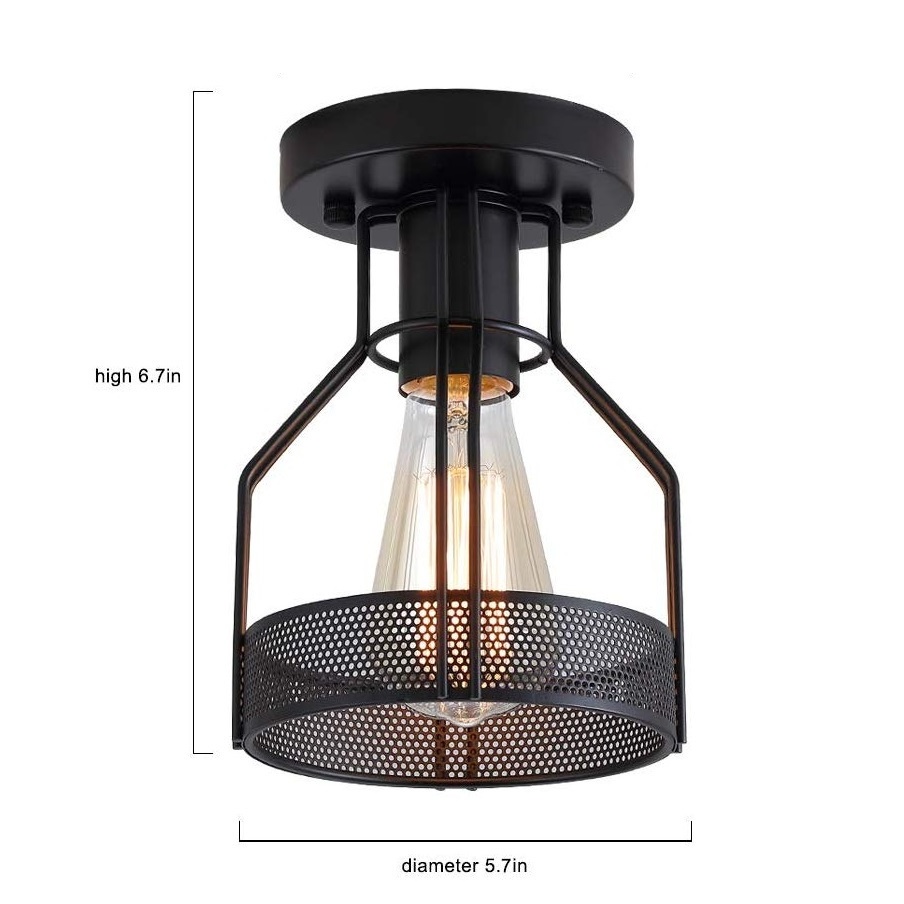 Metal Cage Black Painting Finish Industrial Vintage Rustic Flush Mount Ceiling Light for Hallway Stairway Kitchen Garage