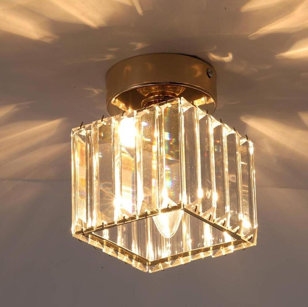 Gold Glass Flush Mount Ceiling Light Modern Semi Crystal Pendant Light for Hallway Entryway Bedroom