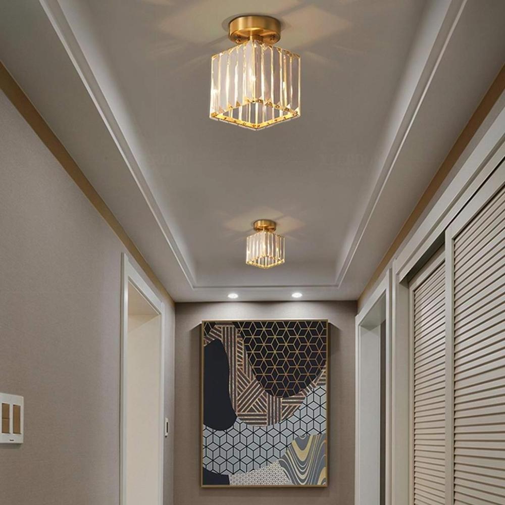 Gold Glass Flush Mount Ceiling Light Modern Semi Crystal Pendant Light for Hallway Entryway Bedroom