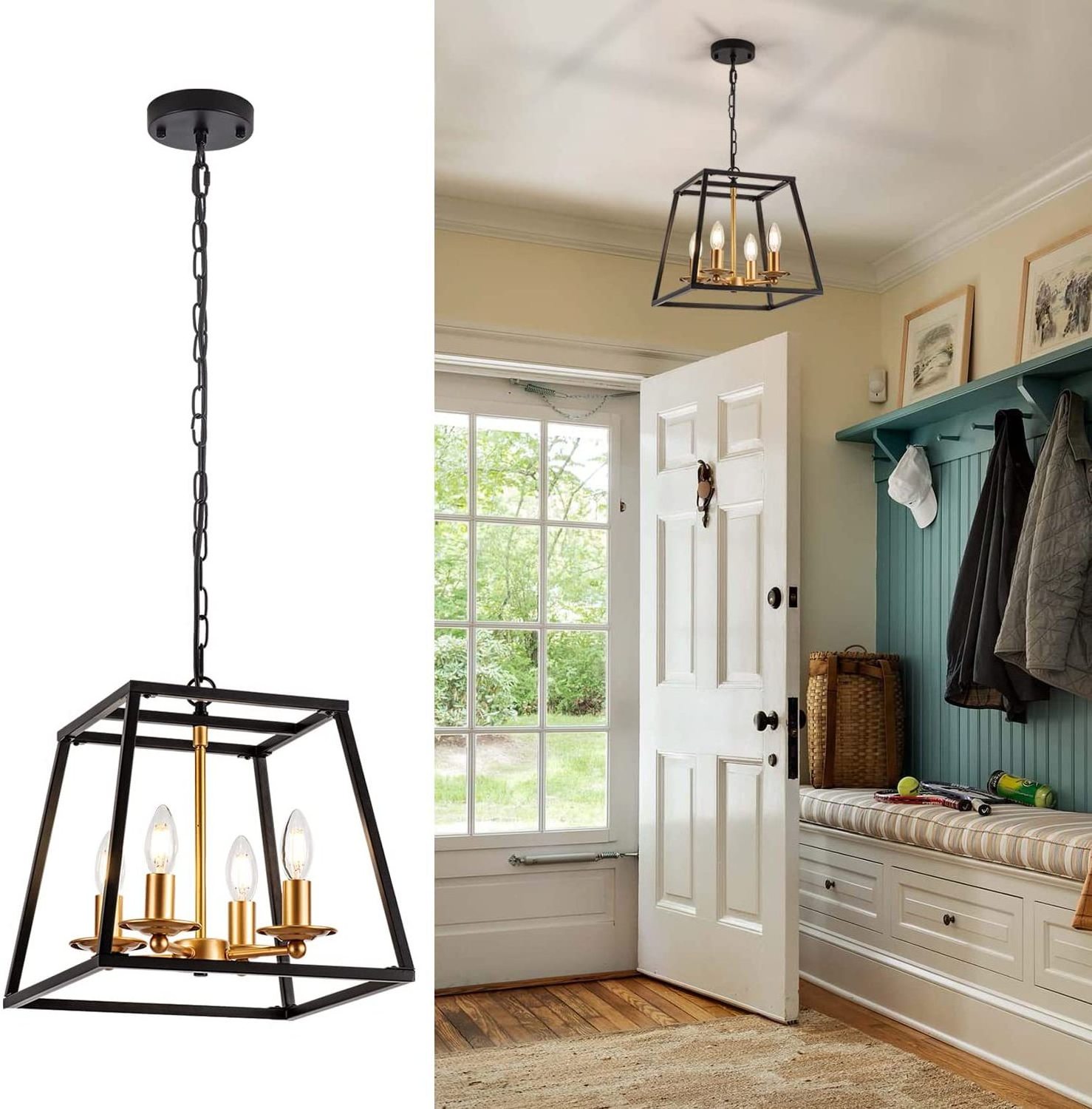 Small Metal Lantern Chandeliers Industrial Black and Champagne Gold Hanging Chandelier Pendant Light Fixture