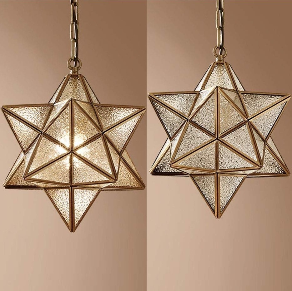 Brassy Vintage Chandelier Lamp Rustic Industrial moravian star pendant light with textured Ripple Glass Cover