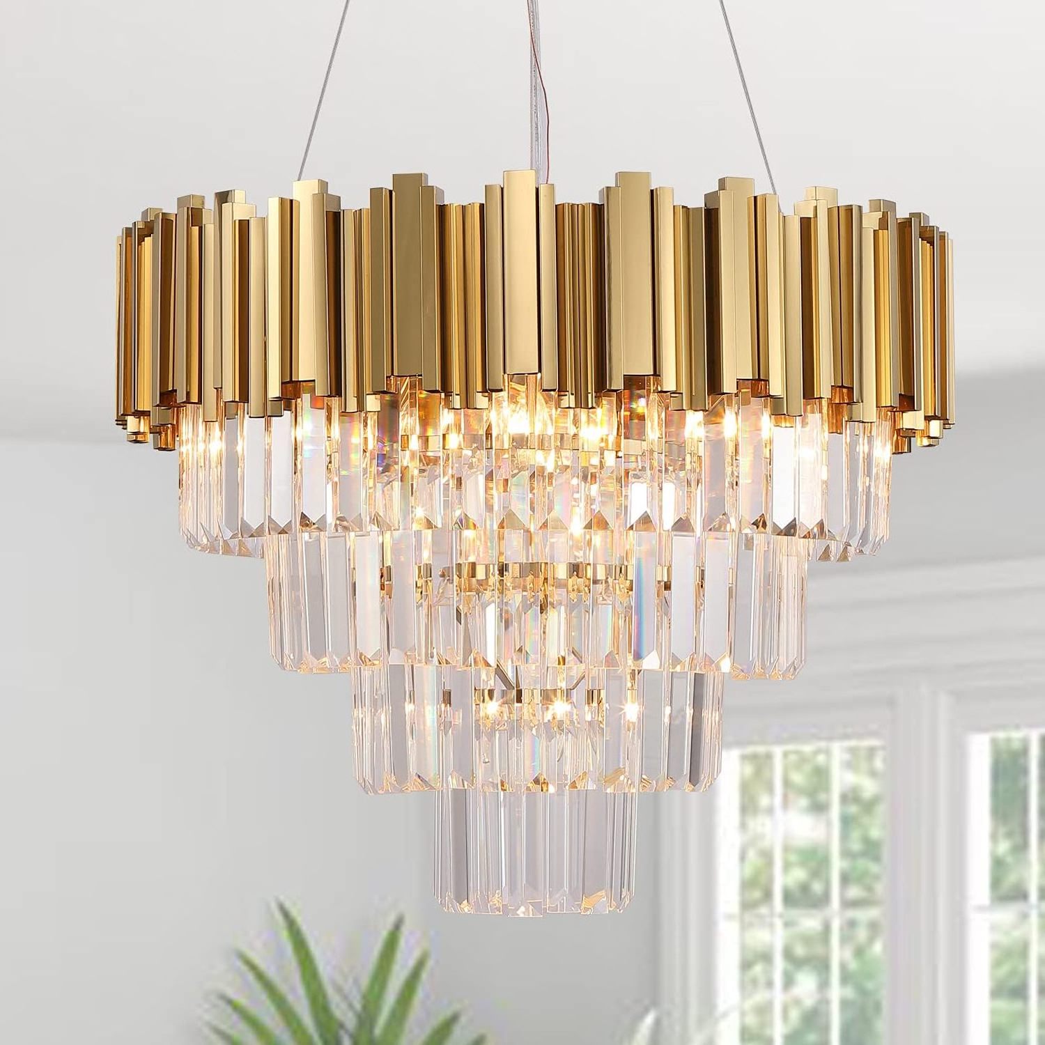 Modern Luxury Crystal Light Fixture Large Gold Chandeliers Round Hanging Pendant Lighting for Entryway Bedroom Foyer Lobby