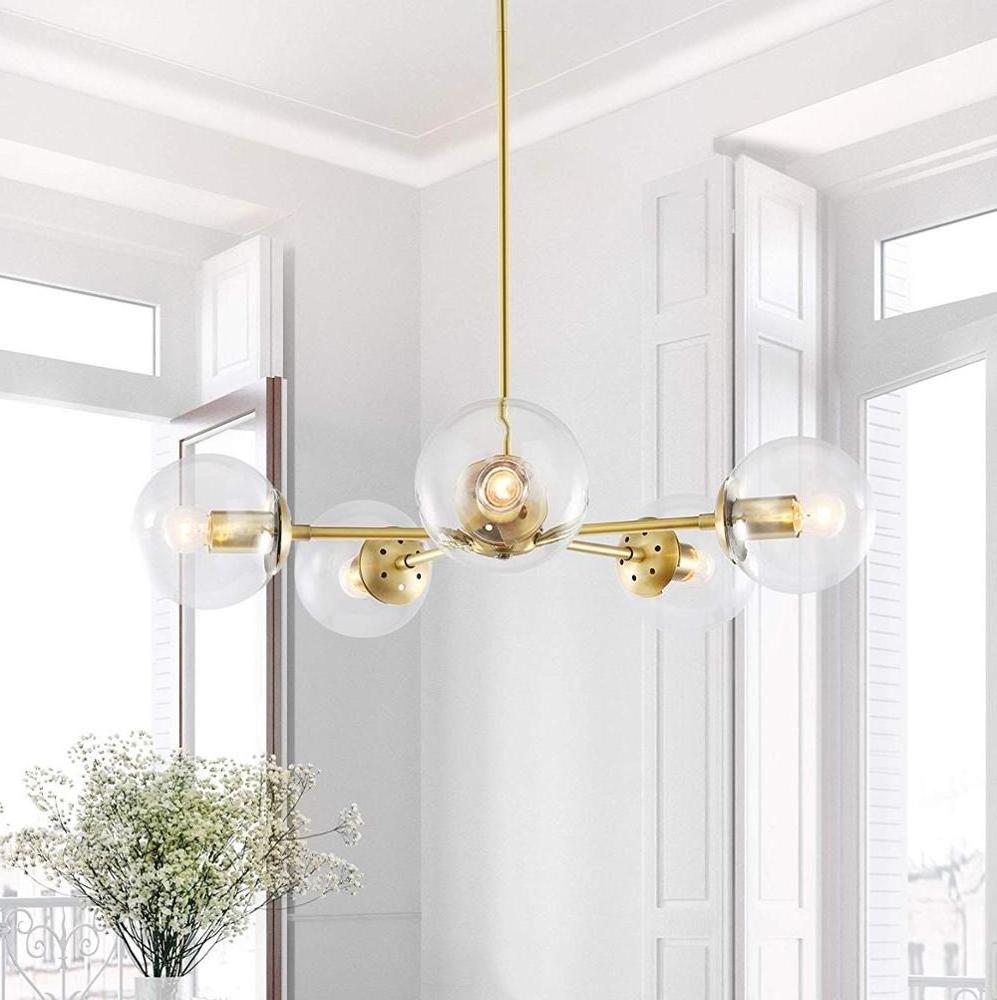 5-Light Chandelier Pendant Brushed Brass with Clear Glass Globes Classic Mid Century Modern Lighting Fixture