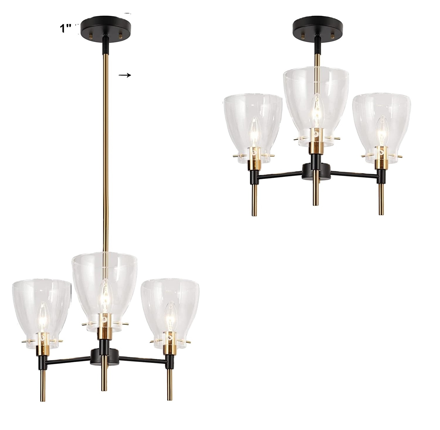 Modern 3-Light  Black and Gold Kitchen Island Dining Room Bedroom Foyer Hallway Chandelier Light Fixture with Clear Glass Shade