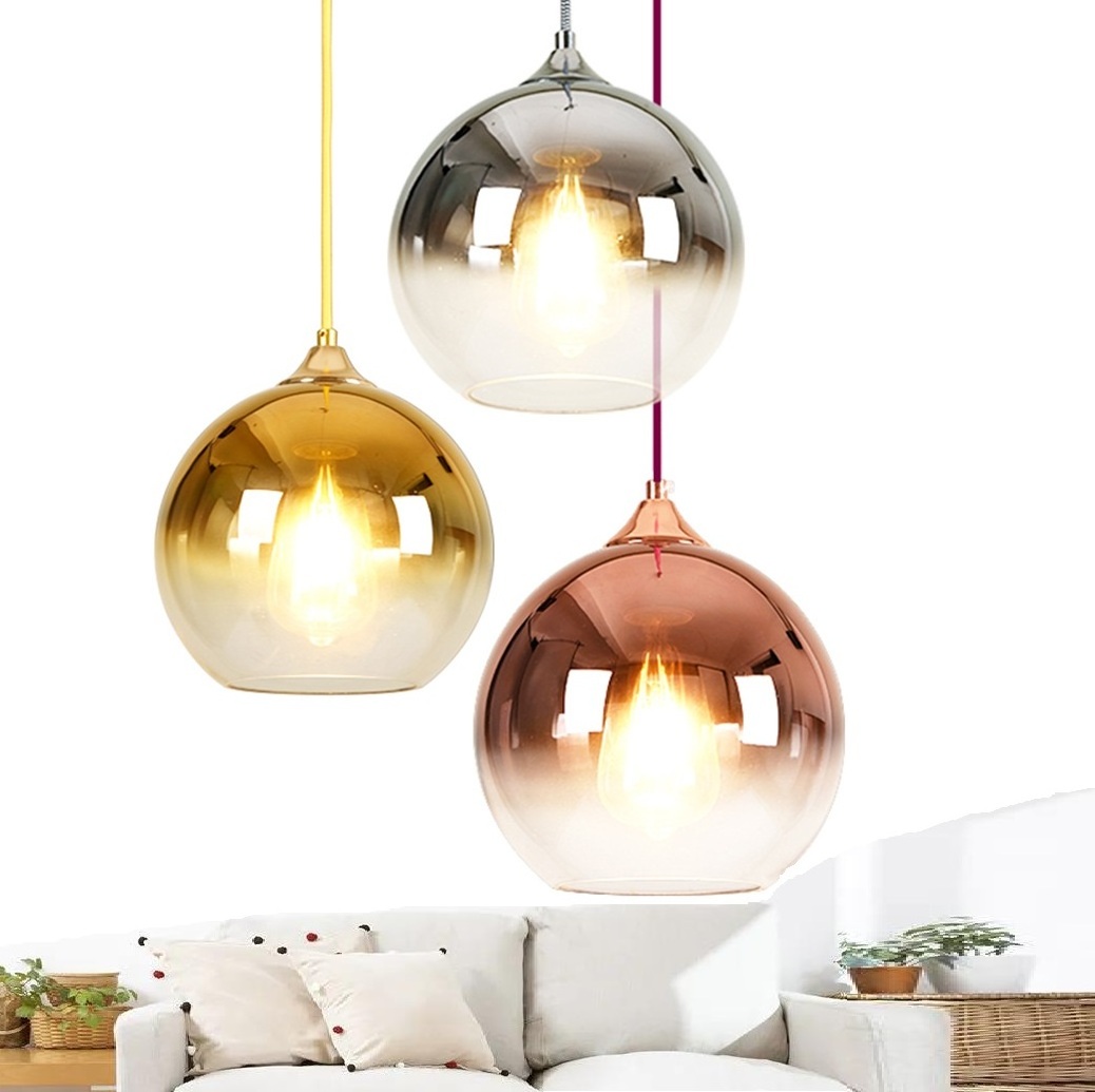 Modern Mirror Glass Ball Pendant Light Copper silver Gold Globe Loft Hanglamp Lamp Kitchen Light Adjustable Ceiling Chandelier