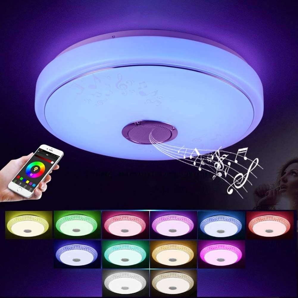 Dimmable 36W LED Music Ceiling Light with Speakers 85-265V RGB Color Changing Flush Mount Lamp with Remote Control