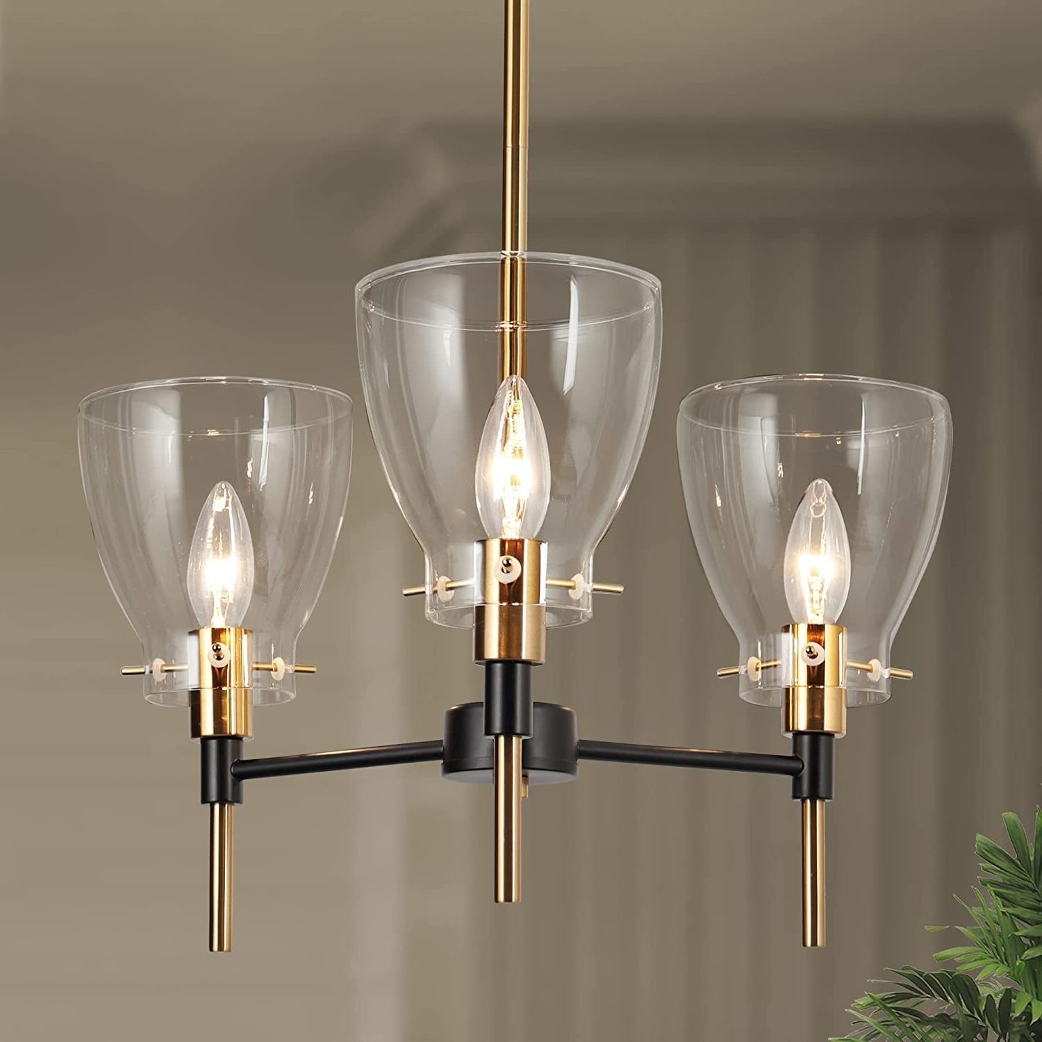 Modern 3-Light  Black and Gold Kitchen Island Dining Room Bedroom Foyer Hallway Chandelier Light Fixture with Clear Glass Shade