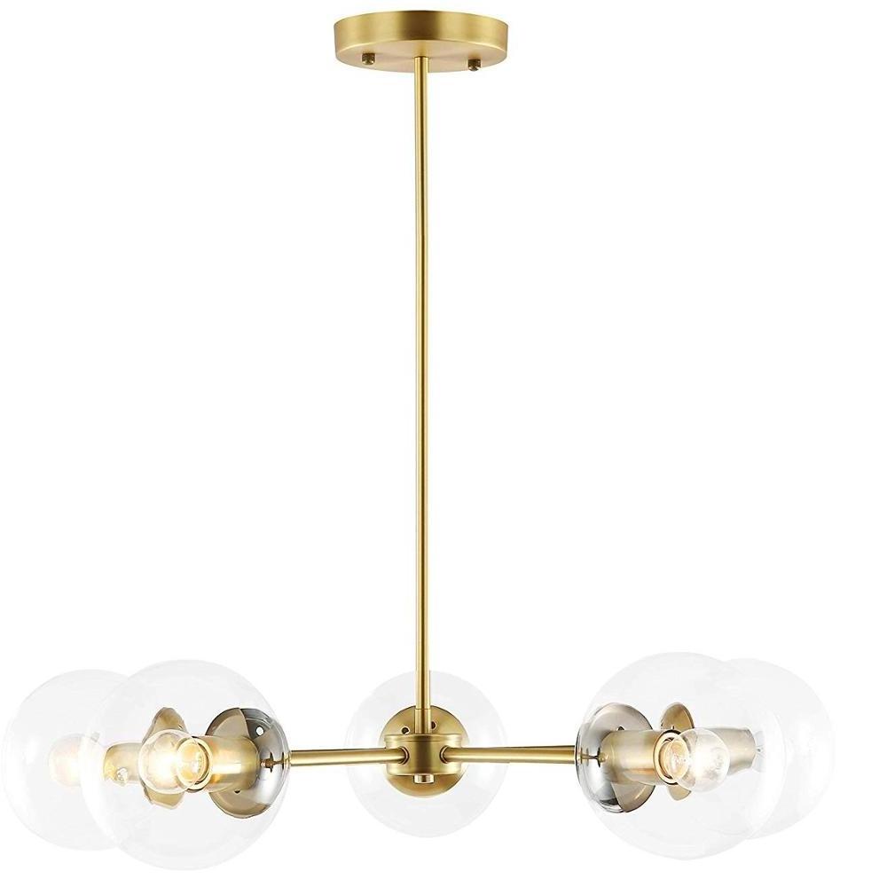 5-Light Chandelier Pendant Brushed Brass with Clear Glass Globes Classic Mid Century Modern Lighting Fixture