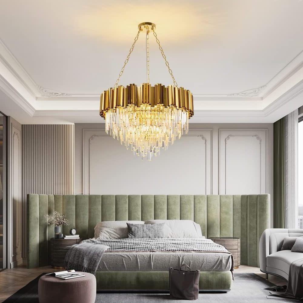 Modern K9 Crystal Pendant Lighting Round Gold Chandelier Contemporary Luxury Ceiling Lighting Fixture for Dining Living Room