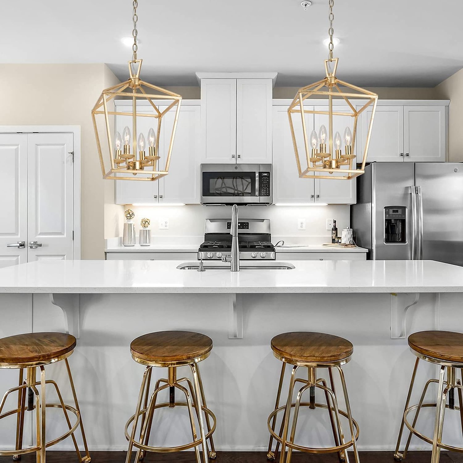 Industrial Farmhouse Kitchen Island Dining Room Entryway Hallway Pendant Lighting Rectangle Black & Brass Chandelier Light