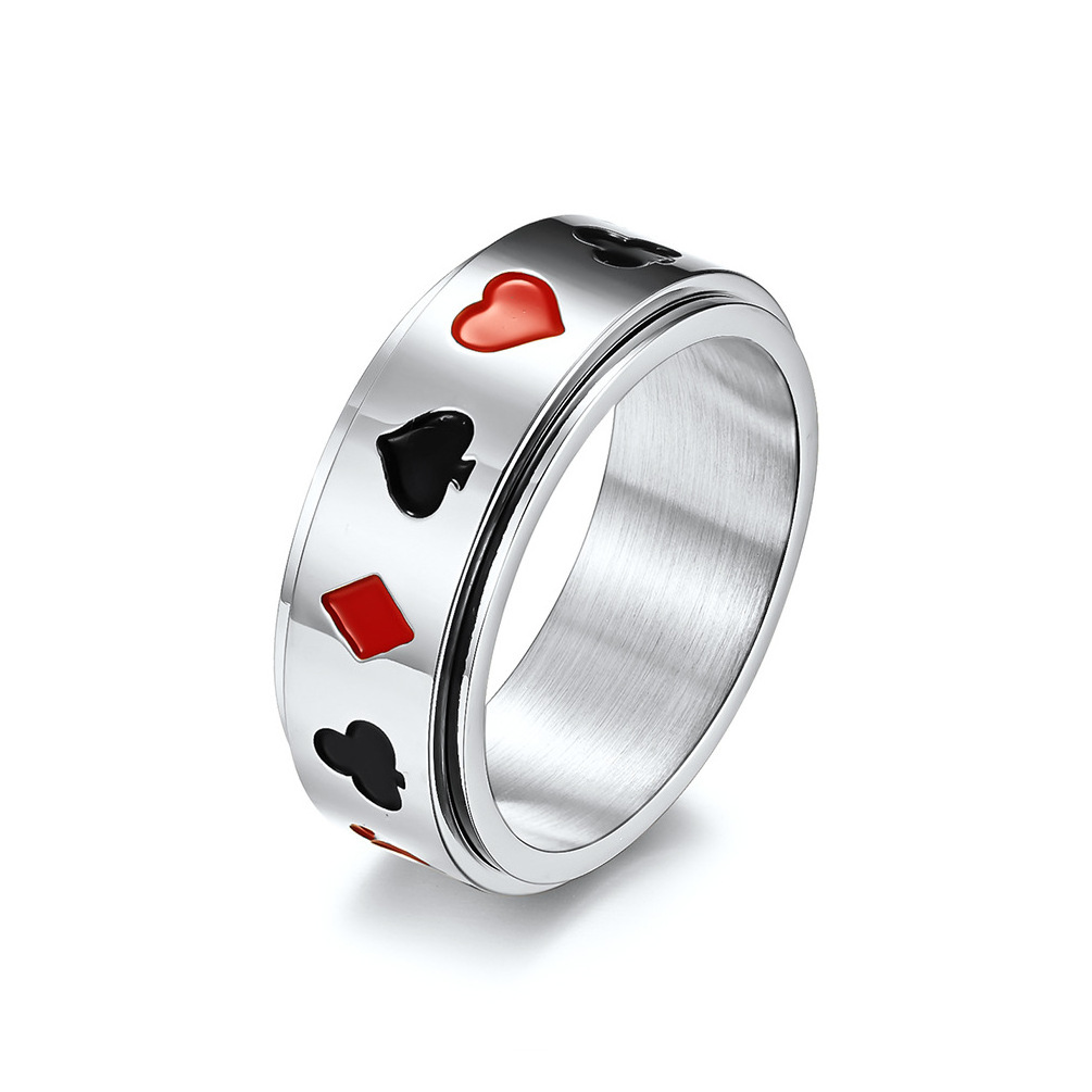 Titanium Steel Playing Card Ring Men Design Hip Hop Rotatable Poker Band Poker Lucky Ring for Men