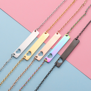 Stainless Steel Bar Charm Necklace Heart Hollow Square Charm Waterproof  Pendant 18Inch Chain