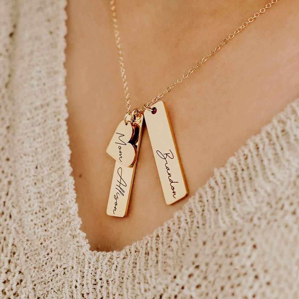 Stainless Steel Rose Gold Bar Necklace Names Engraved Heart Pendant Anniversary Best Friend Gifts Personalized Choker For Women