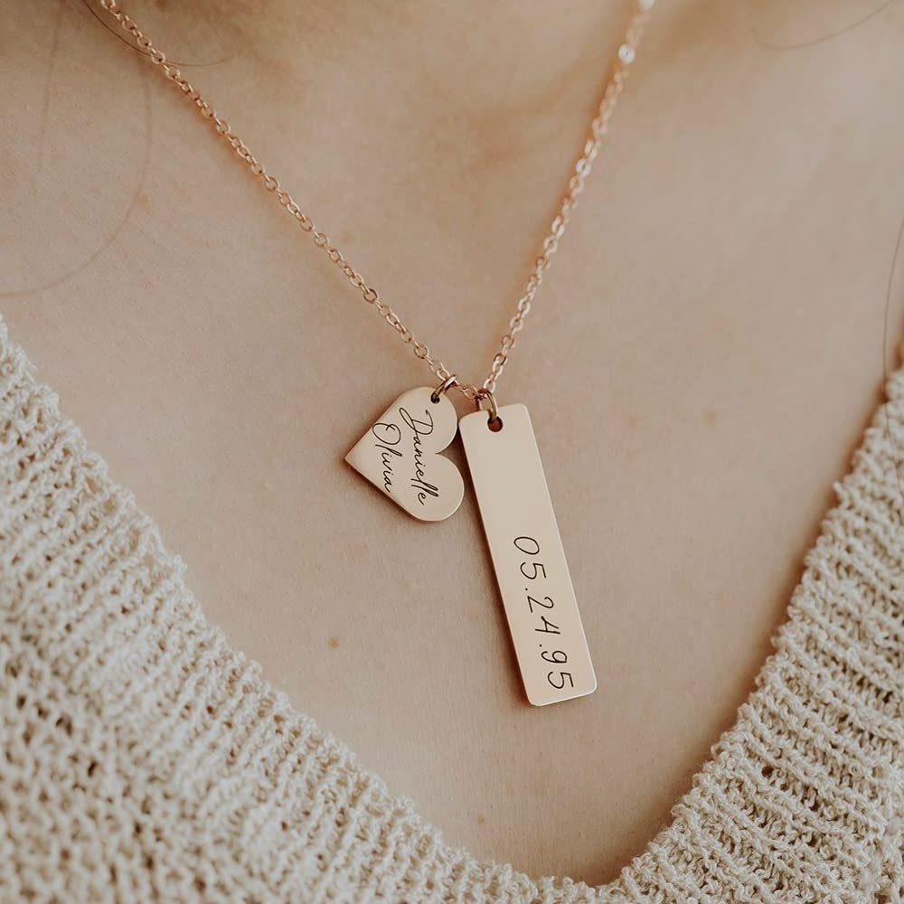 Stainless Steel Rose Gold Bar Necklace Names Engraved Heart Pendant Anniversary Best Friend Gifts Personalized Choker For Women