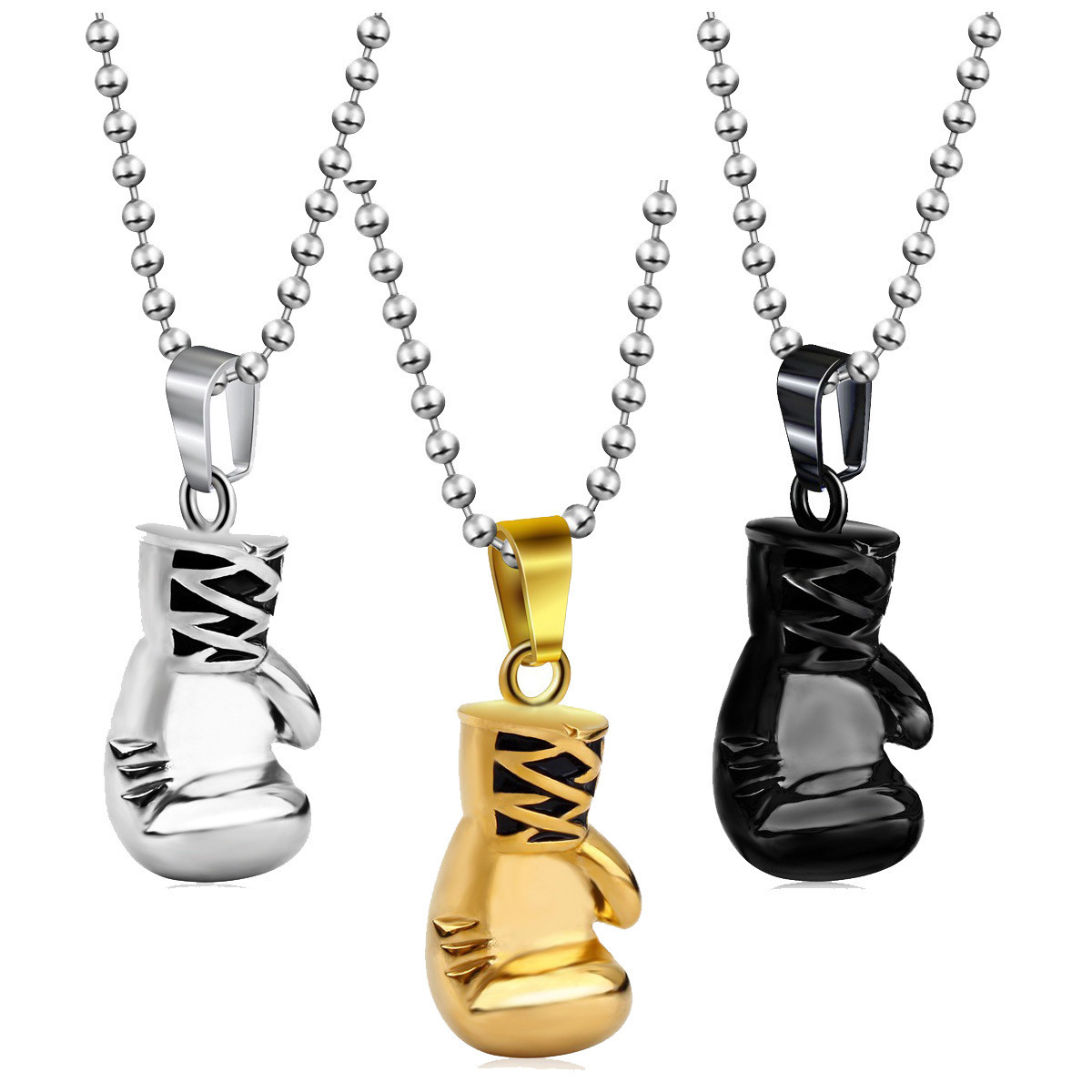 Gold Silver Black Boxing Pendant Necklace Men's Punk Stainless Steel Bead Chain Necklaces Men Jewelry