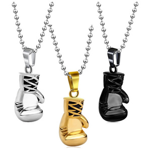 Gold Silver Black Boxing Pendant Necklace Men's Punk Stainless Steel Bead Chain Necklaces Men Jewelry