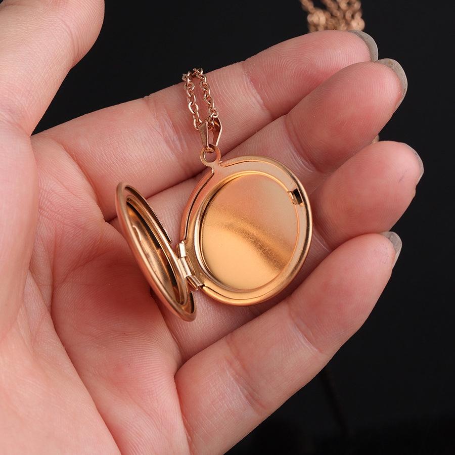 Mirror Polished Custom Picture Stainless Steel Gold Plated Glossy Round Lockets Pendant Photo Necklace