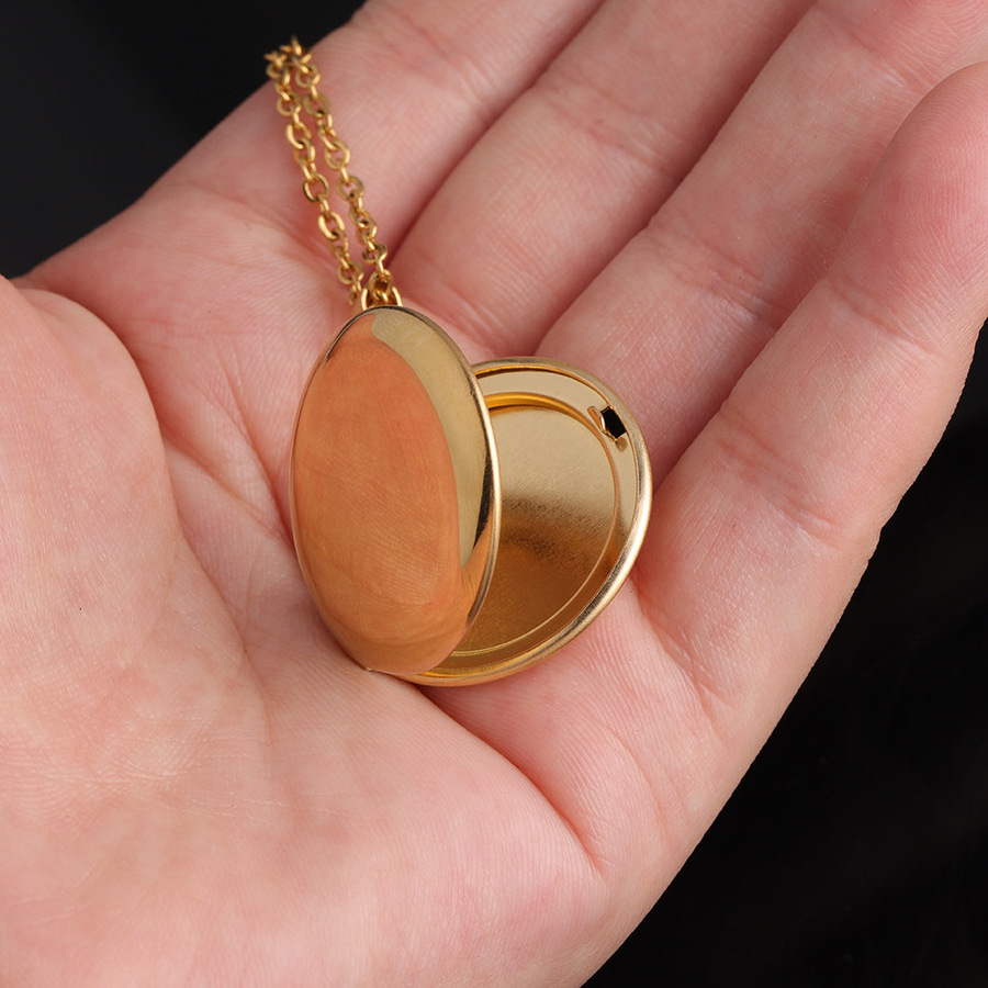 Mirror Polished Custom Picture Stainless Steel Gold Plated Glossy Round Lockets Pendant Photo Necklace