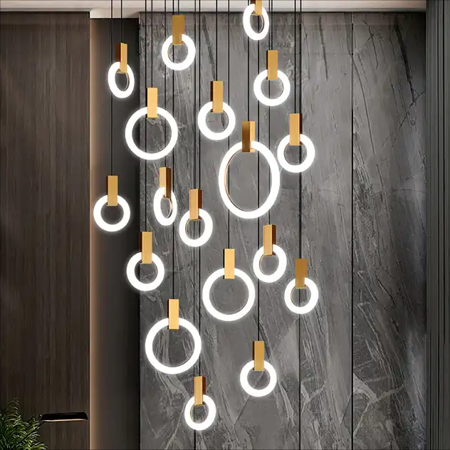 Hot sale Nordic light luxury round ring chandelier post-modern creative personality living room lamp villa staircase chandelier